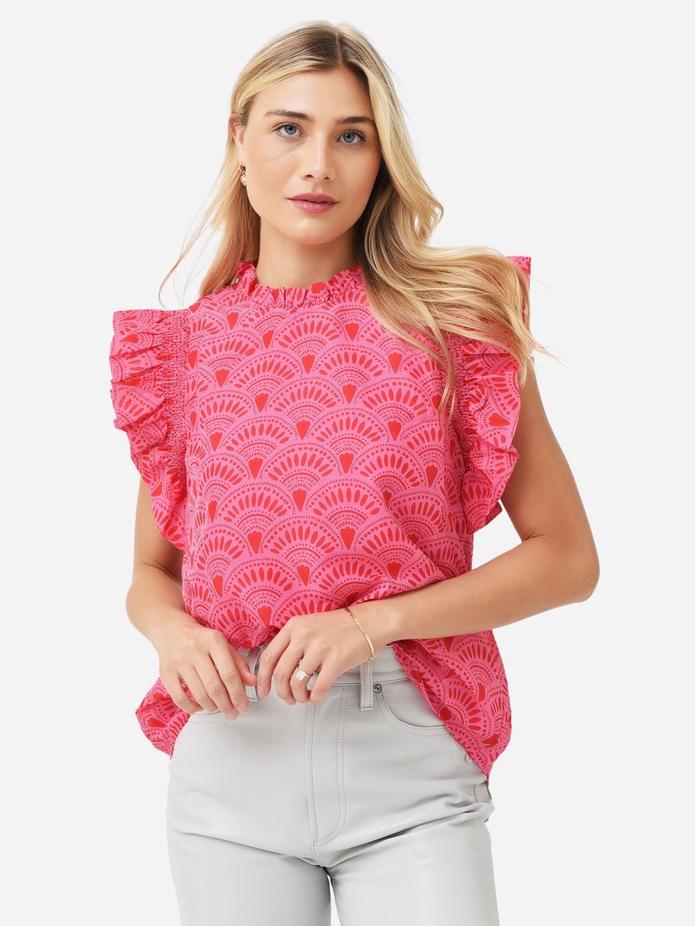 J.Marie Pink Noelle Ruffle Sleeve Pattern Print Top NWOT size Small